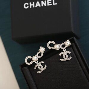 CHANEL Silver Hardware COCO Letters Design CCS Pearl Earrings with Crystal 24C